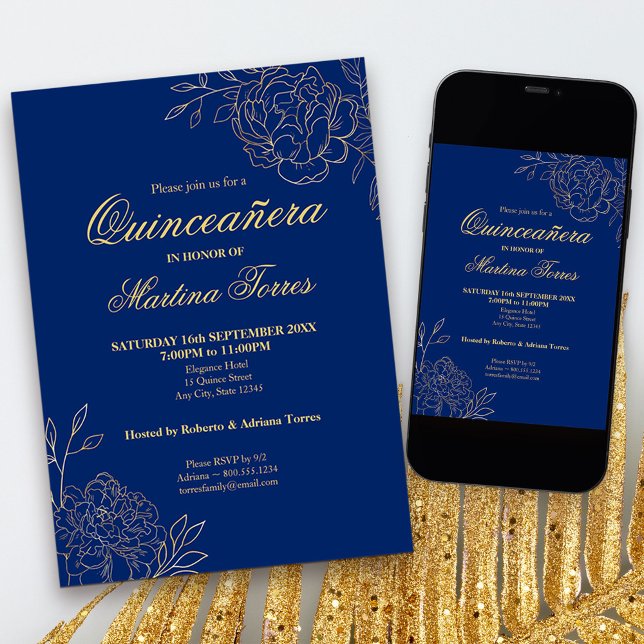 Royal Blue Gold Kontur Blume Floral Quinceanera Einladung (Royal Blue and Gold Quinceanera Invitation, from my Gold Sketched Floral collection
)