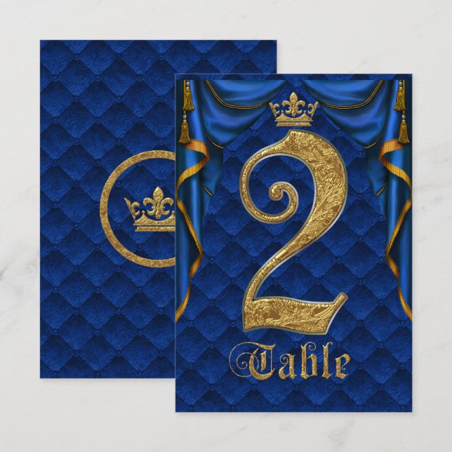 Royal Blue Gold Kronen Hochzeit Tisch Nummer 2 Einladung (Vorne/Hinten)