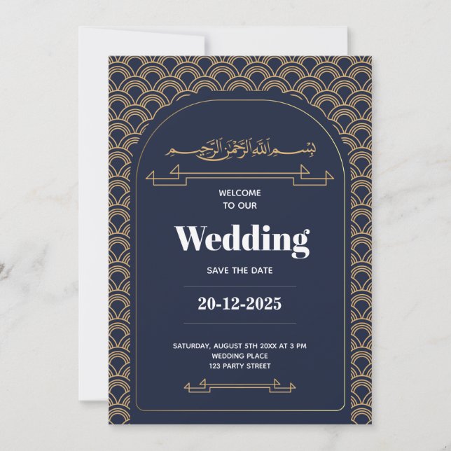 Royal Blue Gold Lace QR Code Muslim Wedding Einladung (Vorderseite)