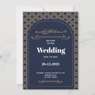 Royal Blue Gold Lace QR Code Muslim Wedding Einladung