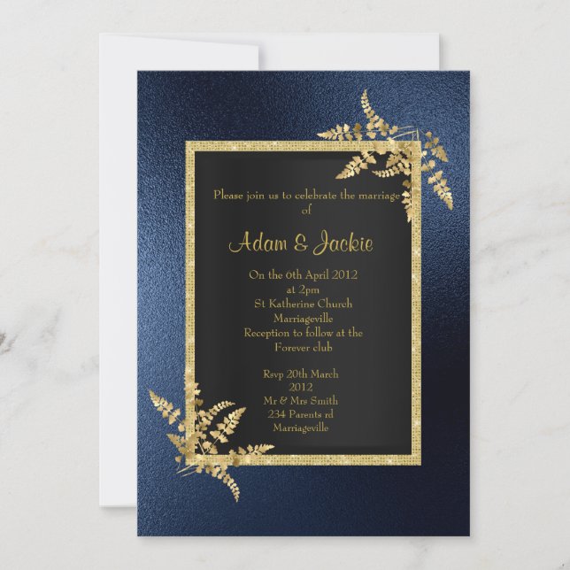ROYAL BLUE gold leaf ELEGANT CLASSY WEDY Einladung (Vorderseite)