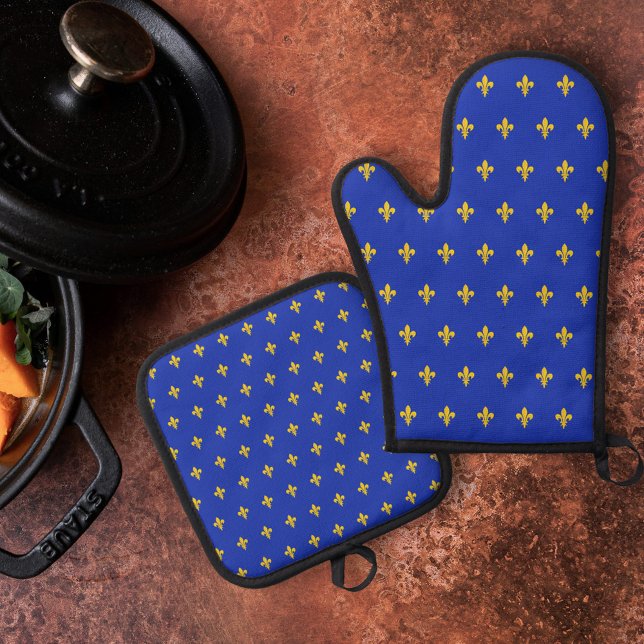 Royal Blue & Gold Lilie Ofenhandschuh & Topflappen-Set (Royal Blue & Gold Fleur de Lis Oven Mitt & Pot Holder Set)
