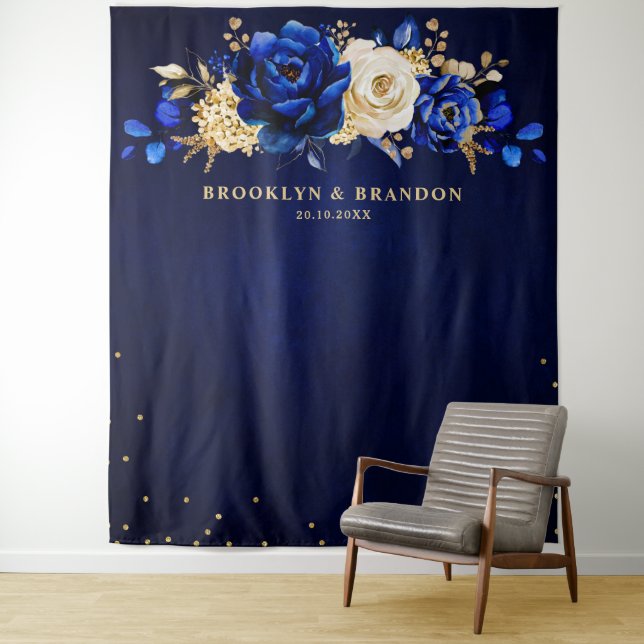 Royal Blue Gold Metallic Floral Wedding Tapestes Wandteppich (Beispiel)