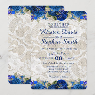 Royal Blue Gold Navy Floral Lace Rustic Wedding Einladung