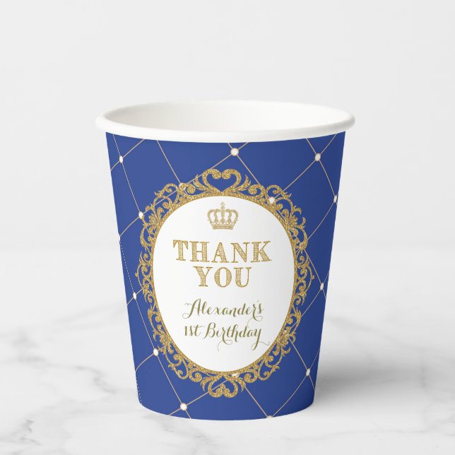 Royal Blue Gold Prince Baby Boy Birthday Party Pappbecher (Vorderseite)
