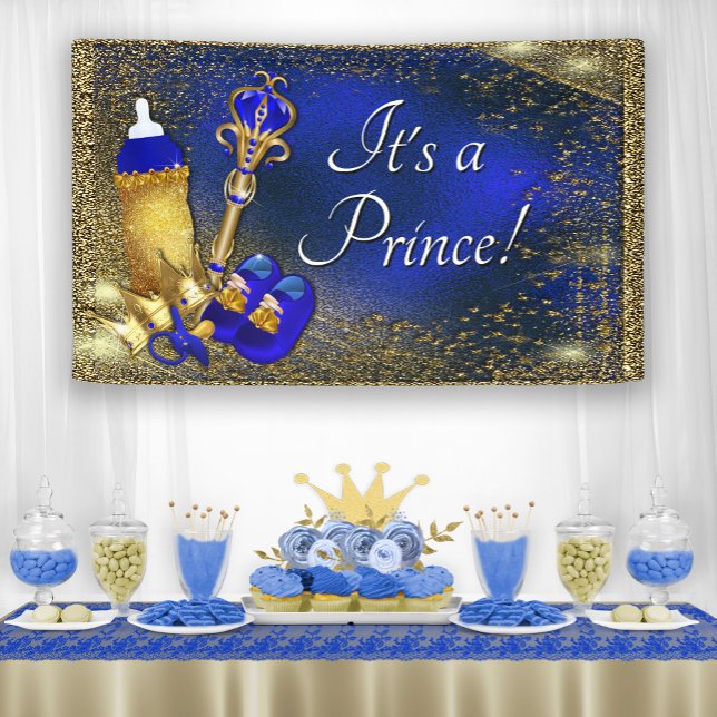 Royal Blue Gold Prince Baby Dusche Banner (Add your own text, font style, etc.)