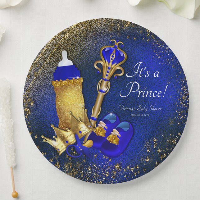 Royal Blue Gold Prince Baby Dusche Pappteller (You can change the text as needed for your event.)