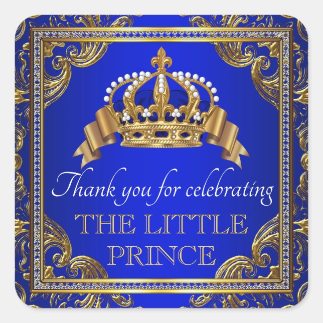 Royal Blue Gold Prince Baby Dusche Pflegeaufkleber Quadratischer Aufkleber (Vorderseite)