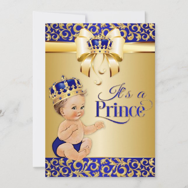 Royal Blue & Gold Prince Baby Duschkrone Einladung (Vorderseite)