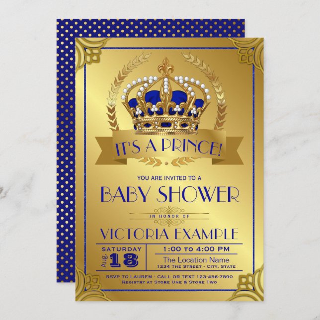 Royal Blue Gold Prince Baby Shower Einladungen (Vorne/Hinten)