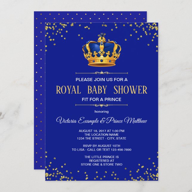 Royal Blue Gold Prince Baby Shower Einladungen (Vorne/Hinten)