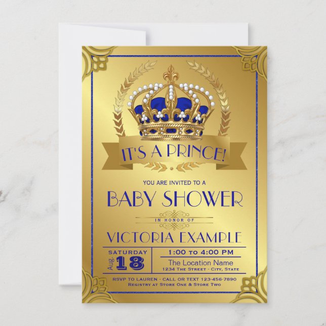 Royal Blue Gold Prince Baby Shower Einladungen (Vorderseite)
