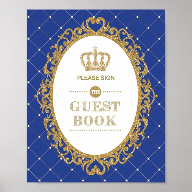 Royal Blue Gold Prince Birthday Guest Book Sign Poster (Vorne)