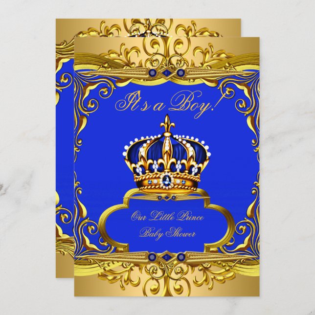 Royal Blue Gold Prince Crown Baby Shower Boy Einladung (Vorne/Hinten)