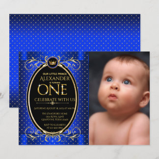 Royal Blue Gold Prince Foto Erster Geburtstag Einladung