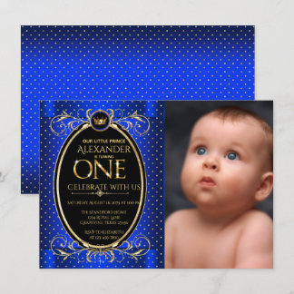 Royal Blue Gold Prince Foto Erster Geburtstag Einladung
