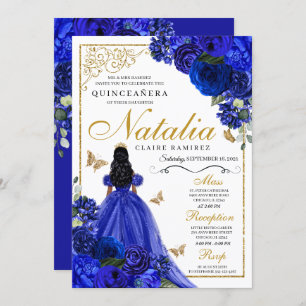 Royal Blue Gold Princess & Butterflies Quinceañera Einladung