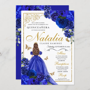 Royal Blue Gold Princess & Butterflies Quinceañera Einladung