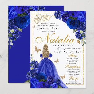 Royal Blue Gold Princess & Butterflies Quinceañera Einladung