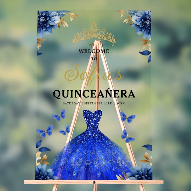 Royal Blue Gold Princess Quinceañera Willkommen Acrylschild (Neutral)