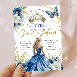 Royal Blue Gold Princess Tiara Floral Sweet 16 Einladung