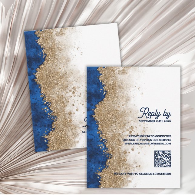 Royal Blue Gold QR Code Luxury Wedding Reply By RSVP Karte (Royal Blue Gold QR Code RSVP Card Luxury Navy Blue Wedding RSVP with QR Code)