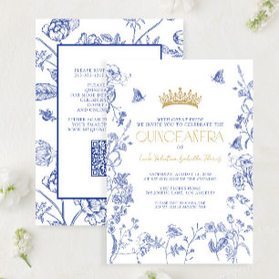 Royal Blue Gold QR Floral Butterfly Quinceañera Einladung