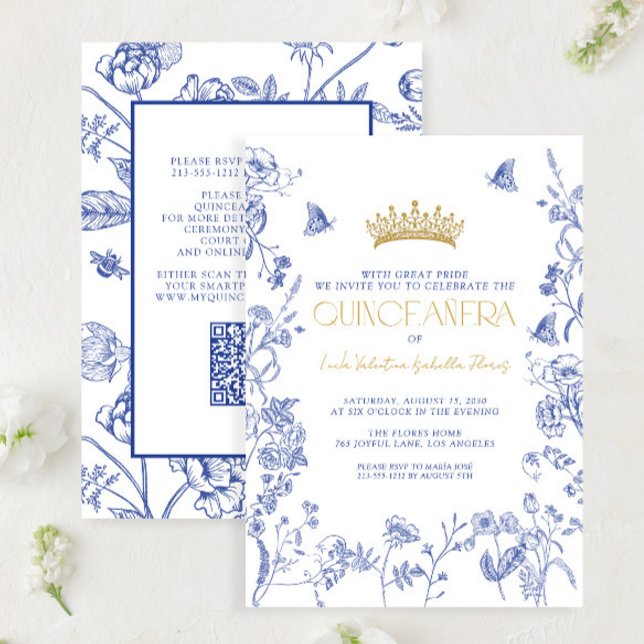 Royal Blue Gold QR Floral Butterfly Quinceañera Einladung (Von Creator hochgeladen)