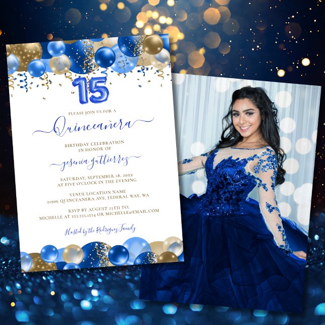 Royal Blue Gold Quinceañera Balloon Foto Einladung (Royal Blue Gold Quinceañera Balloon Photo Invitation)