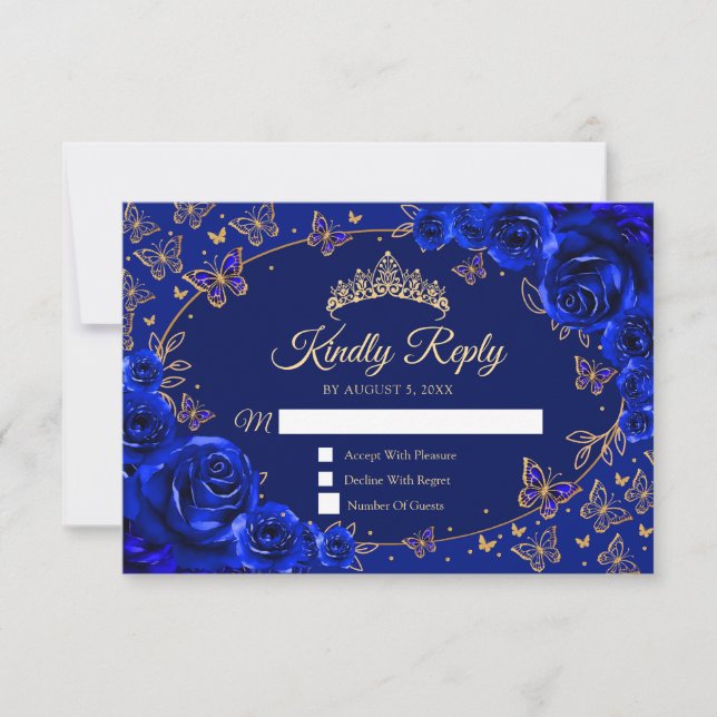 Royal Blue Gold Quinceanera Reply RSVP Karte (Vorderseite)