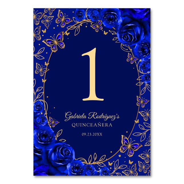 Royal Blue Gold Quinceanera Tischnummer (Vorderseite)