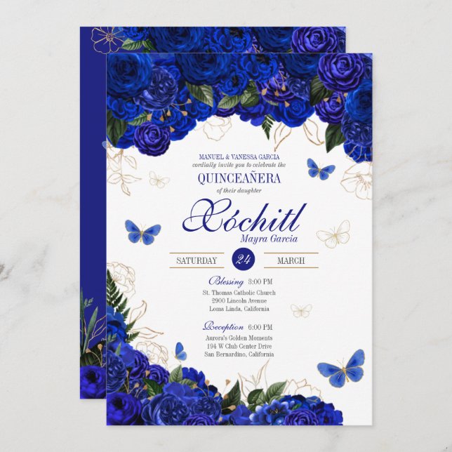 Royal Blue Gold Rose Butterfly Elegantes Quinceane Einladung (Vorne/Hinten)