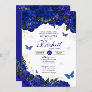 Royal Blue Gold Rose Butterfly Elegantes Quinceane Einladung