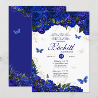 Royal Blue Gold Rose Butterfly Elegantes Quinceane Einladung