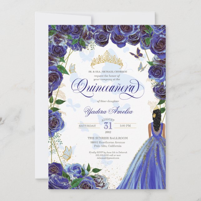 Royal Blue Gold Rose Elegante Butterfly Quinceaner Einladung (Vorderseite)