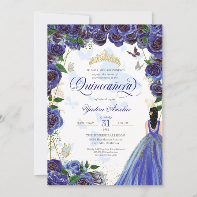 Royal Blue Gold Rose Elegante Butterfly Quinceaner Einladung (Vorderseite)