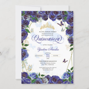 Royal Blue Gold Rose Elegante Butterfly Quinceaner Einladung