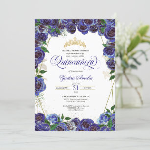 Royal Blue Gold Rose Elegante Quince Quinceanera Einladung
