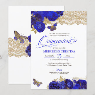 Royal Blue & Gold Rose Lace Butterfly Quinceañera Einladung