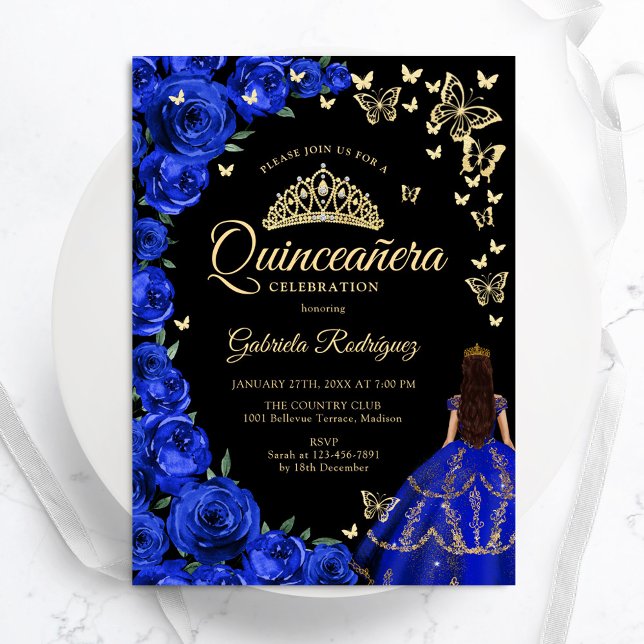 Royal Blue Gold Rose Schmetterlinge Quinceanera Einladung (Von Creator hochgeladen)