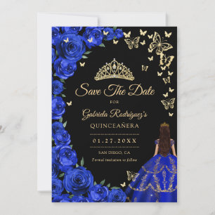 Royal Blue Gold Rose Schmetterlinge Quinceanera Save The Date