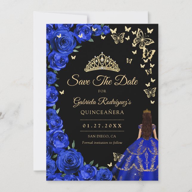 Royal Blue Gold Rose Schmetterlinge Quinceanera Save The Date (Vorderseite)