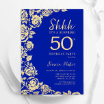 Royal Blue Gold Rose Überraschung 50. Geburtstag Einladung<br><div class="desc">Royal Blue Gold Floral Überraschung 50. Geburtstagsparty Einladung. Elegantes Design mit Rose,  Imitaten Goldfolie und Typografie Script Schriftart. Die trendige Einladungskarte eignet sich perfekt für eine stilvolle Damenfeier. Kann für jedes Alter angepasst werden. Gedruckte Zazzle Einladungen oder Sofortdownload digitalen druckbaren Vorlage.</div>