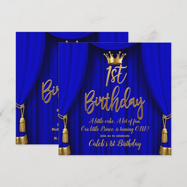 Royal Blue & Gold Royal Crown Prince 1. Geburtstag Einladung (Vorne/Hinten)