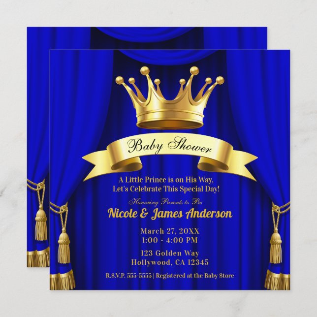 Royal Blue Gold Royal Crown Prince Baby Dusche Einladung (Vorne/Hinten)