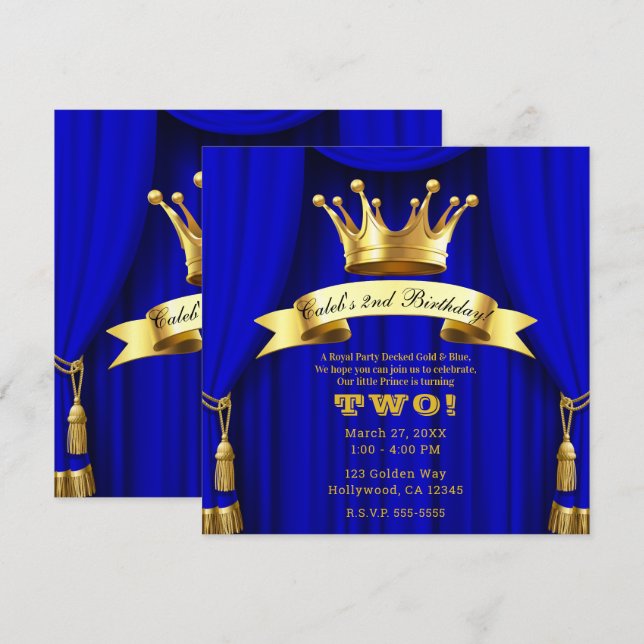Royal Blue Gold Royal Crown Prince Birthday Party Einladung (Vorne/Hinten)