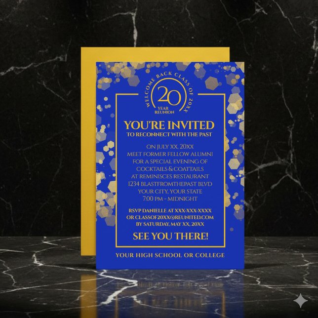 Royal Blue & Gold School Class Wiedersehen Einladung (Elegant Royal Blue & Gold School Class Reunion Invitation Cover Photo)