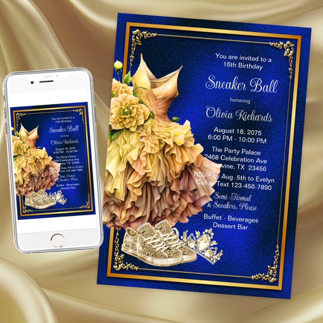 Royal Blue Gold Sneaker Ball Einladung (Royal blue gold sneaker ball invitation. Instant download and printed invitations available.)