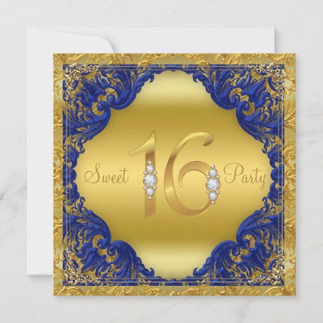 Royal Blue Gold Swirl Sweet 16 Party Einladung (Vorderseite)