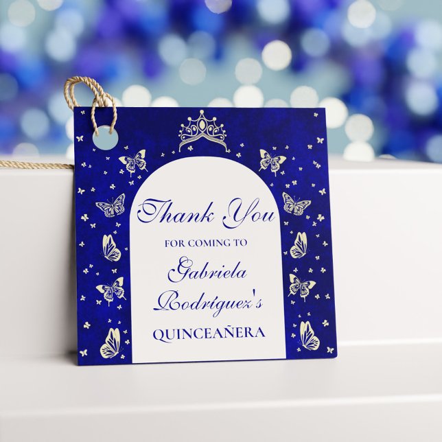 Royal Blue Gold Tiara Butterflies Quinceañera 15. Geschenkanhänger (Royal Blue Gold Tiara Butterflies Quinceañera 15th Favor Tags)